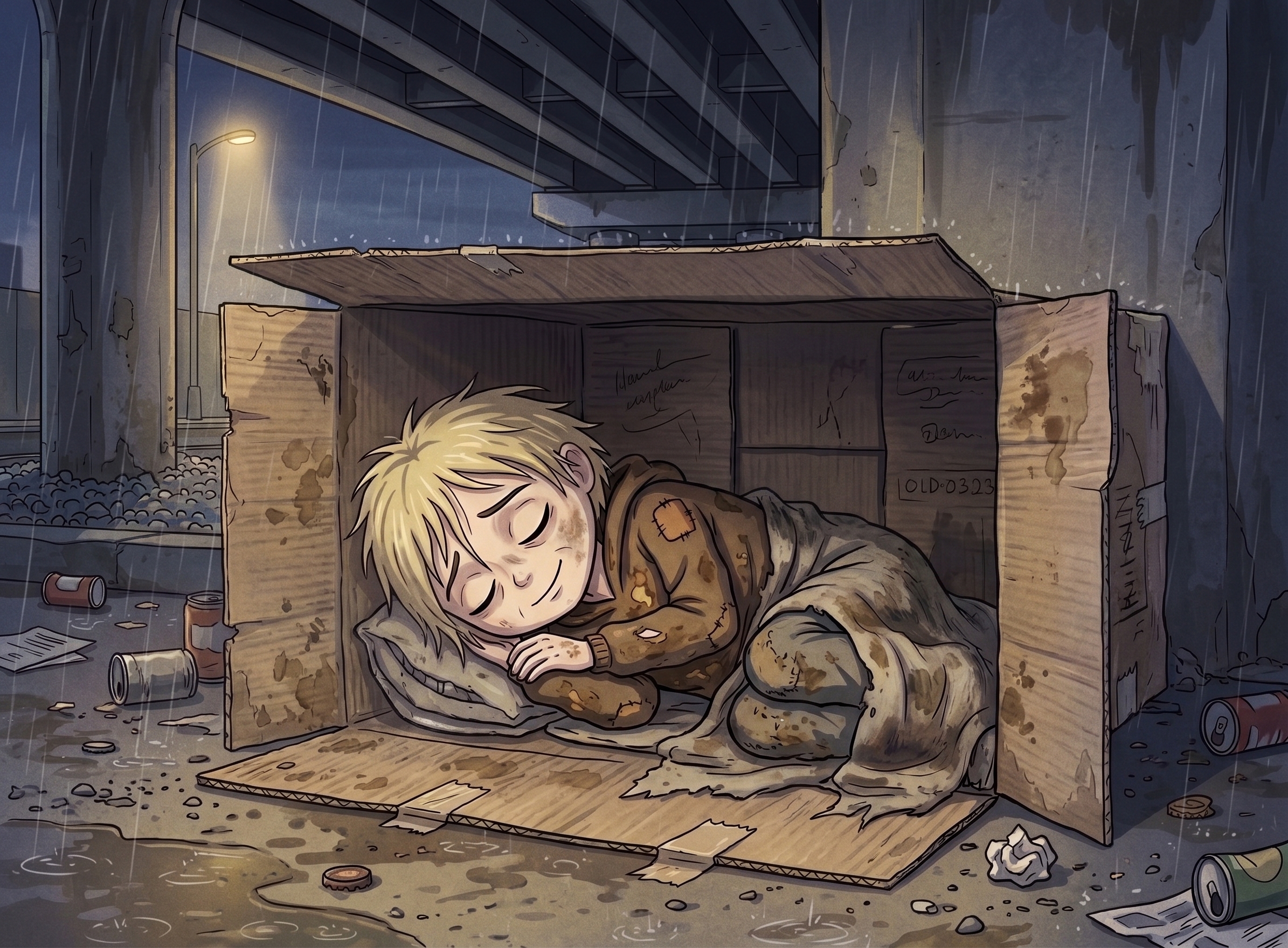 Brokie sleeping in a cardboard box under an overpass