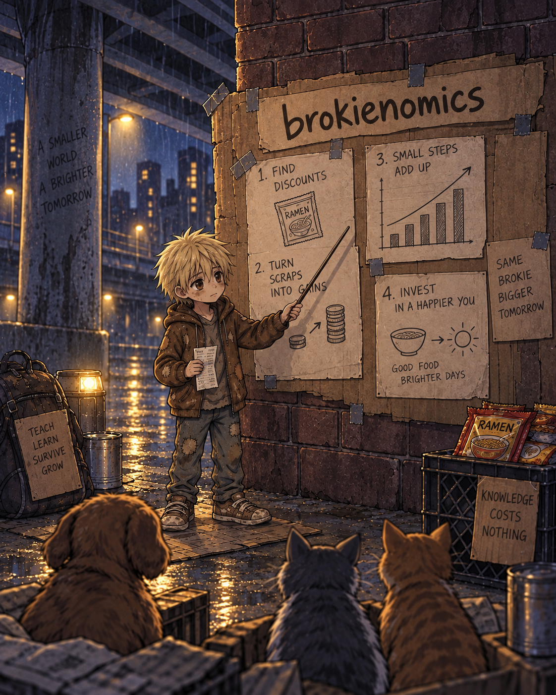 Brokie teaching brokienomics from a cardboard board