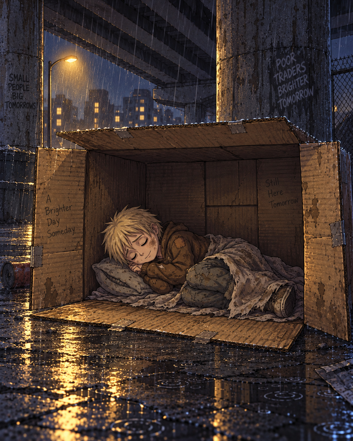 Brokie sleeping in a cardboard shelter during rain