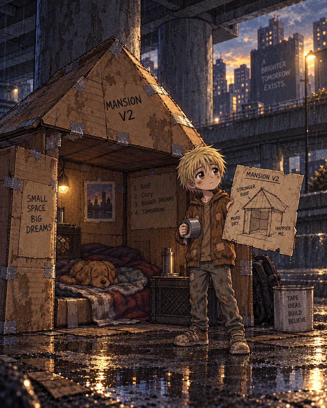 Brokie planning a sturdier cardboard mansion in the rain