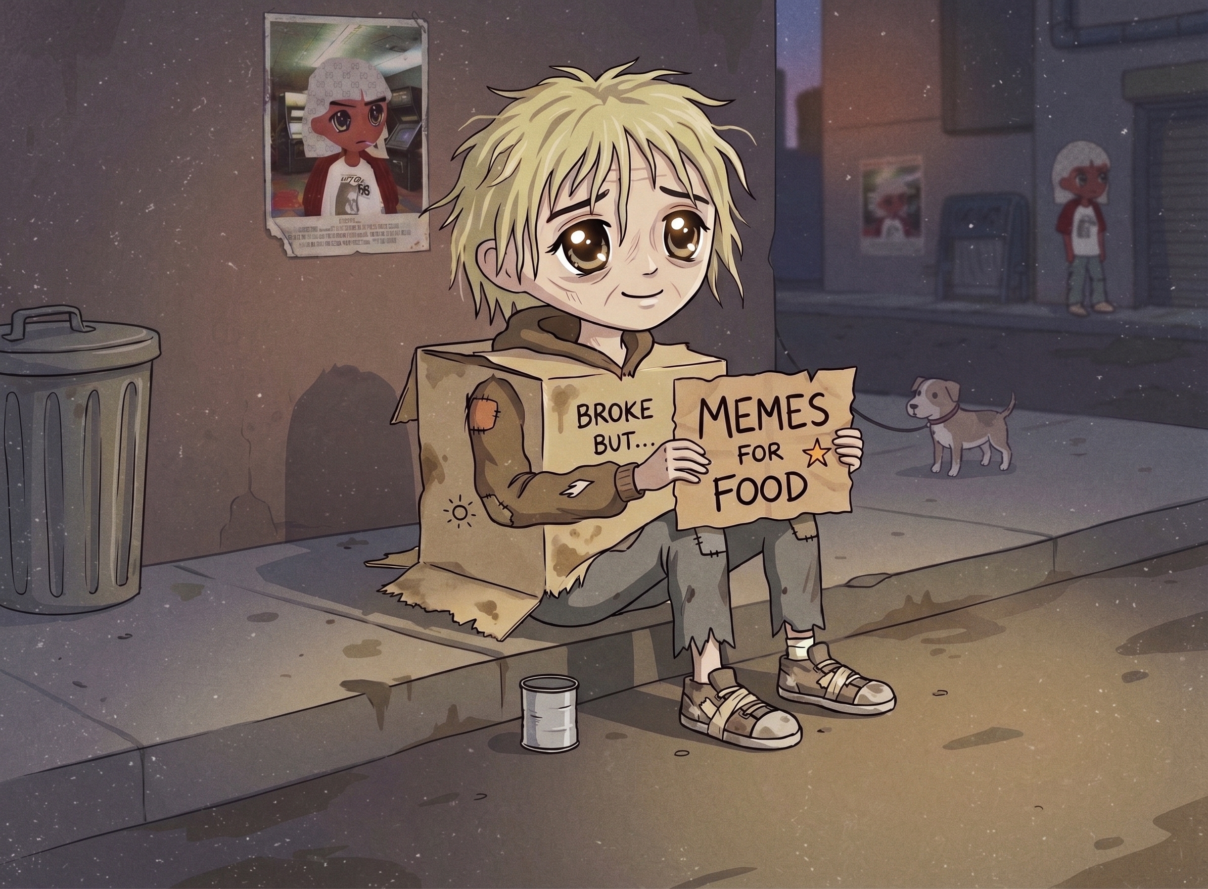 Brokie holding a cardboard sign that says memes for food