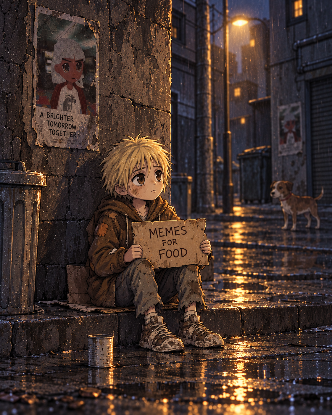 Brokie holding a cardboard sign that says memes for food
