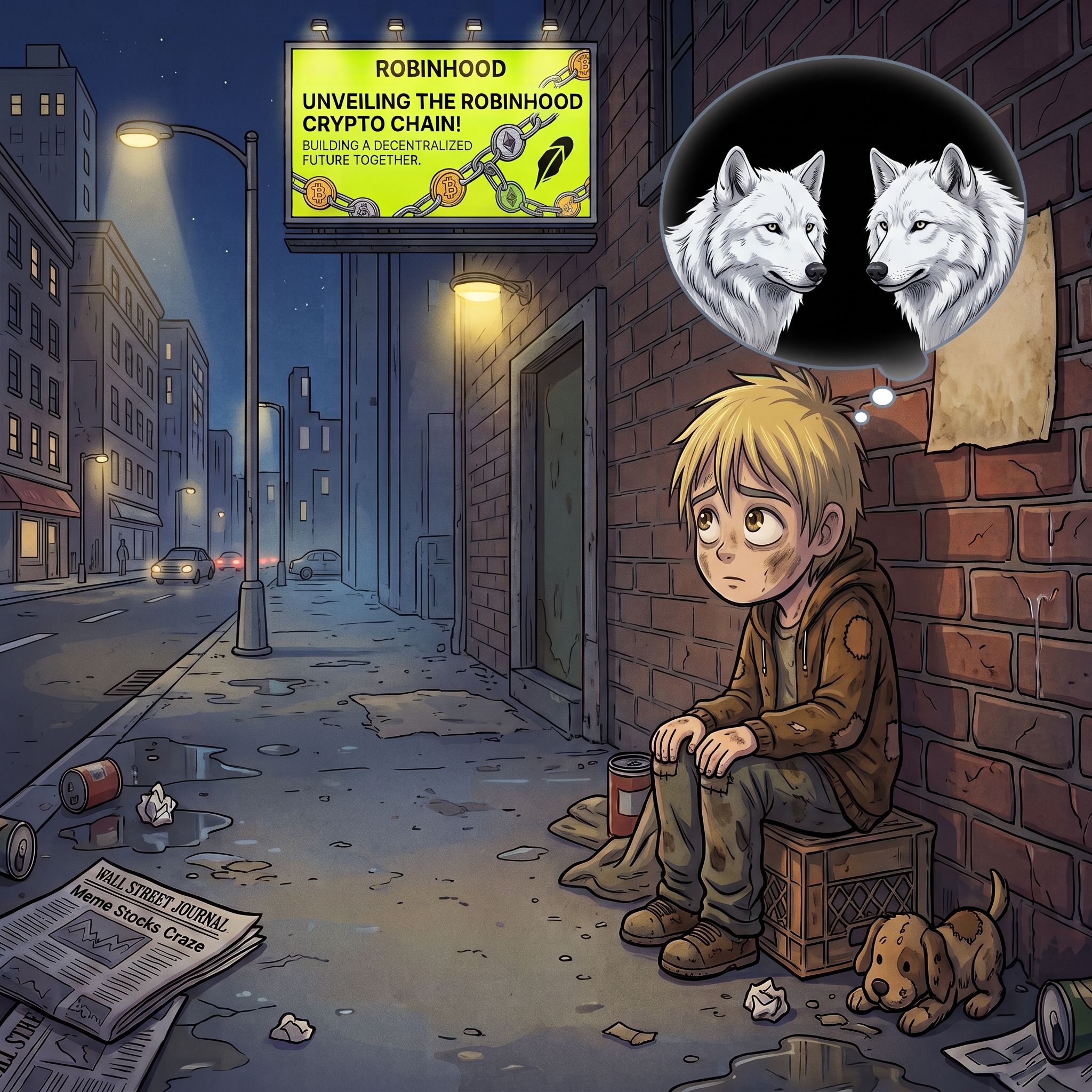Brokie dreaming about crypto while sitting near a street billboard