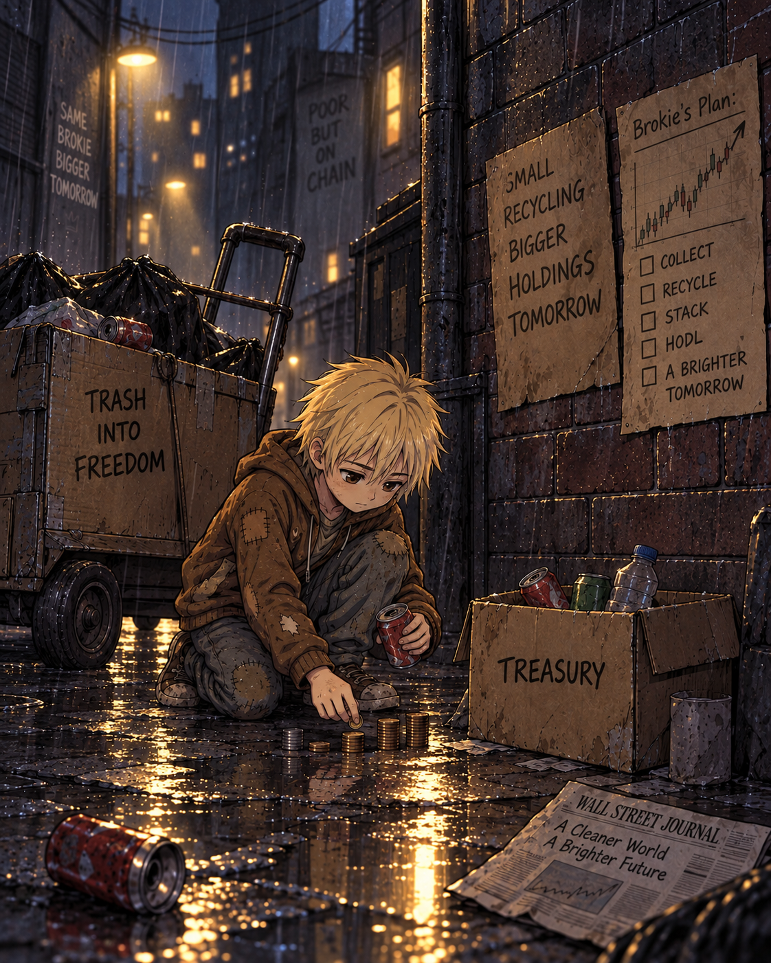 Brokie stacking tiny coins beside a cardboard treasury in the rain
